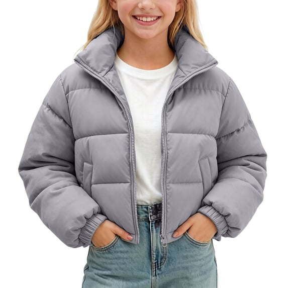 CYRBOKO Girls Puffer Jackets, Lightweight Lapel Long Sleeve Zip Up Winter Outerwear Gray Size 5-6 T