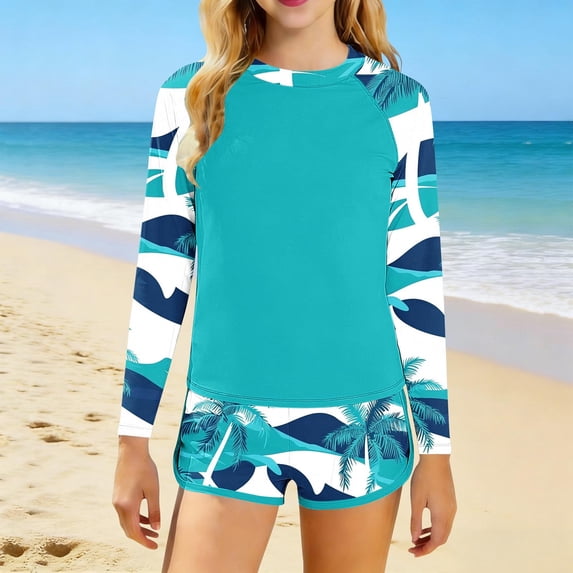 CYRBOKO Girls Rash Guard Swimsuits, Long Sleeve Quick-dry Holiday Summer Swim Shirts and Shorts Multicolor Size 6-7 T