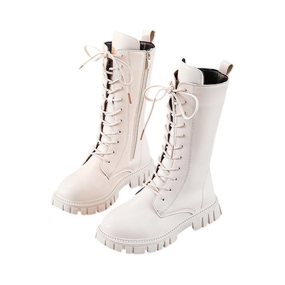 CYRBOKO Girls' Riding Boots, Fall Side Zipper Leather Lace Up Knee High Boots Beige Size 2.5 (Big Kids)