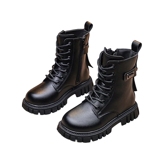 CYRBOKO Girls Riding Boots, Lace Up Leather Side Zipper Walking Ankle Boots Black Size 2.5 (Big Kids)