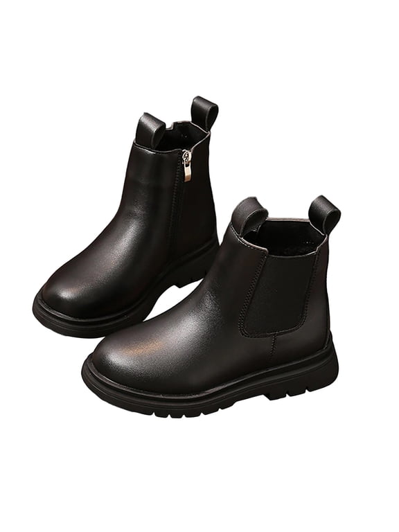 Girls Riding Boots, Lug Sole Leather Thermal Winter Chelsea Boots Black Size 1 (Big Kids)