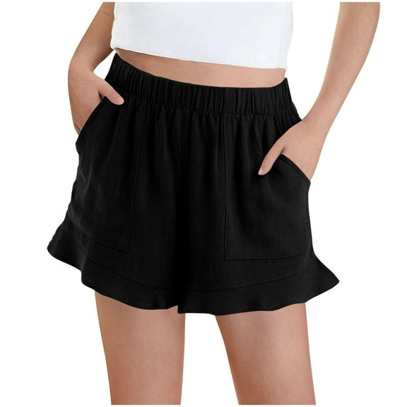 CYRBOKO Girls Shorts, Summer Elastic Waist Comfy Loose Fit Bottoms with Pockets Black Size 7-8 T