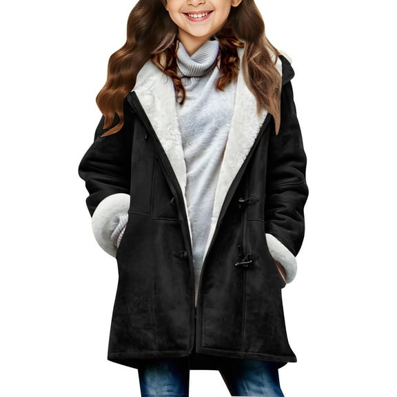 CYRBOKO Girls Suede Coats with Hood, Full Zip Thermal Long Sleeve Fleece Lined Winter Outerwear Black Size 9-10 T