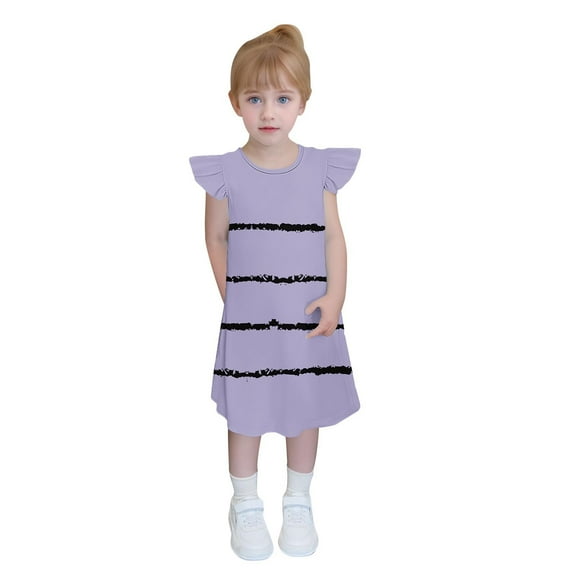 CYRBOKO Girls Summer Dresses, Flutter Sleeve Casual Striped Midi Dresses Purple Size 7-8 T