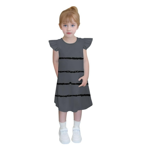 CYRBOKO Girls Summer Dresses, Striped Flutter Sleeve Casual Midi Dresses Gray Size 13-14 T