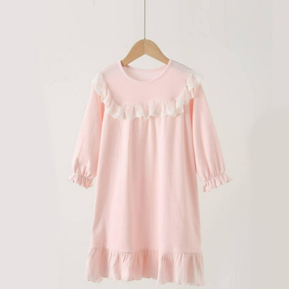 CYRBOKO Girls Summer Nightgowns, Lightweight Cotton Princess Long Sleeve Girls Pajamas Pink Size 14-15 T