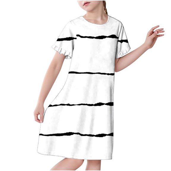 CYRBOKO Girls Summer Nightgowns, Soft Striped Short Sleeve Lightweight Girls Pajamas White Size 10-12 T