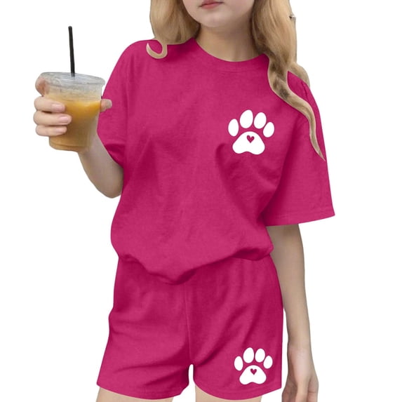 CYRBOKO Girls Summer Outfit Sets, Elastic Waist Short Sleeve Casual Vacation Graphic Tees and Shorts Hot Pink Size 4-5 T