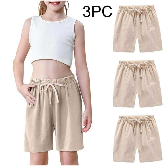 CYRBOKO Girls Summer Shorts, Drawstring Athletic Elastic Waist 3 PACK Shorts with Pockets Beige Size 7-8T