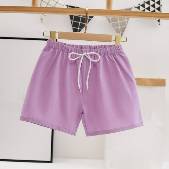 CYRBOKO Girls Summer Shorts, Elastic Waist Loose Solid Color Cotton Casual Shorts Purple Size 15-16T