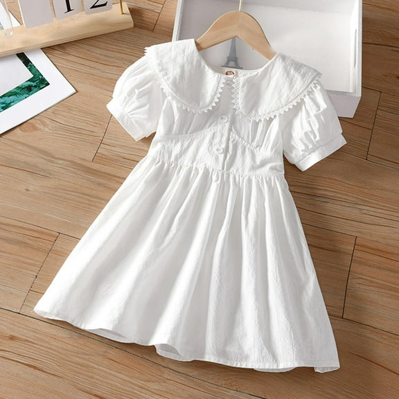 CYRBOKO Girls Sundresses, A-Line Cotton Birthday Short Sleeve Summer Dresses White Size 6-7 T