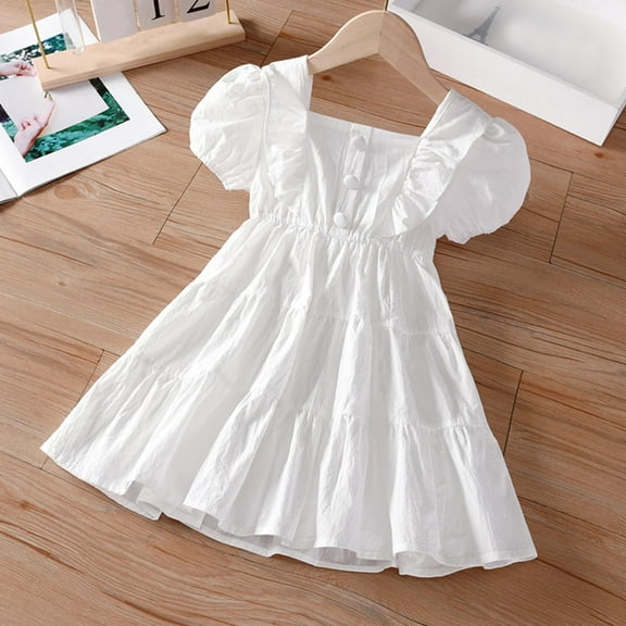 CYRBOKO Girls Sundresses, Princess Short Sleeve A-Line Cotton Summer Dresses White Size 6-7 T