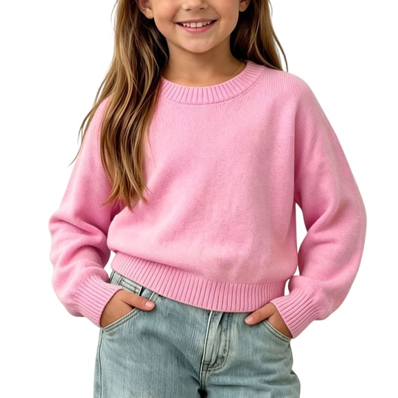 CYRBOKO Girls Sweaters, Long Sleeve Knitted Soft Pullover Winter Tops Clothes Pink Size 6-7 T