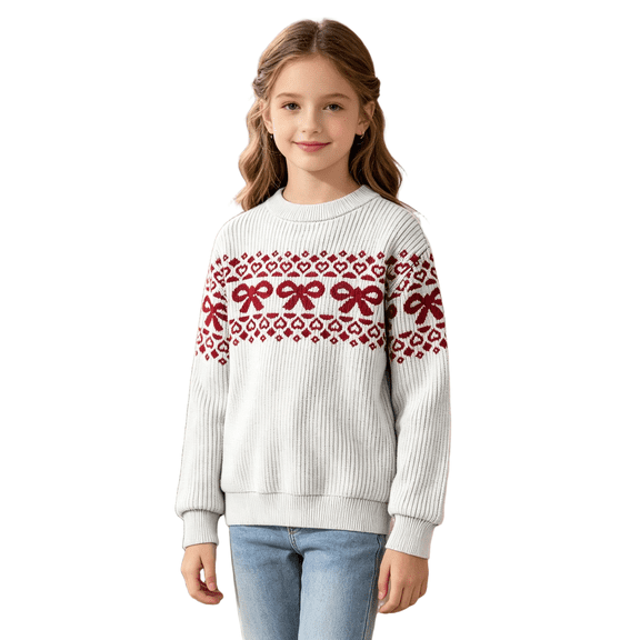 CYRBOKO Girls Sweaters Size 14 for Christmas Day, Holiday Gift Long Sleeve Crew Neck Casual Pullover Tops for Winter White