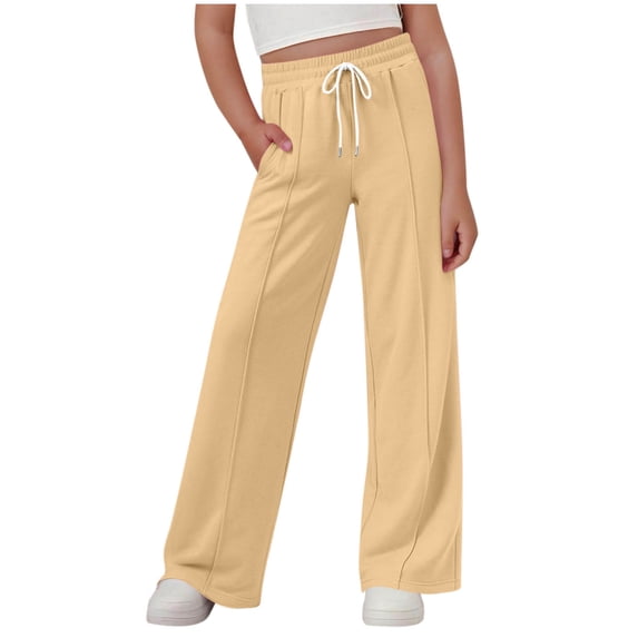 CYRBOKO Girls Sweatpants, Casual Loose Fit Elastic Waist Drawstring Straight-leg Pants Yellow Size 9-10 T