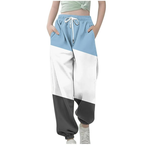 CYRBOKO Toddler Girls Sweatpants, Elastic Waist Color-block Drawstring Casual Jogger Pants with Pockets Blue Size 7-8 T