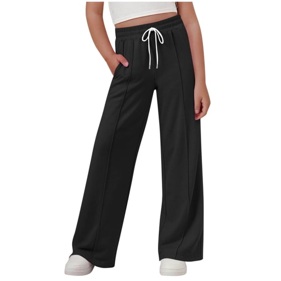 CYRBOKO Girls Sweatpants, Drawstring Casual Elastic Waist Loose Fit Straight-leg Pants Black Size 14-15 T