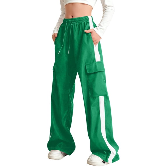 CYRBOKO Girls Sweatpants, Drawstring Spring Elastic Waist Loose Cargo Pants Green Size 10-12 T