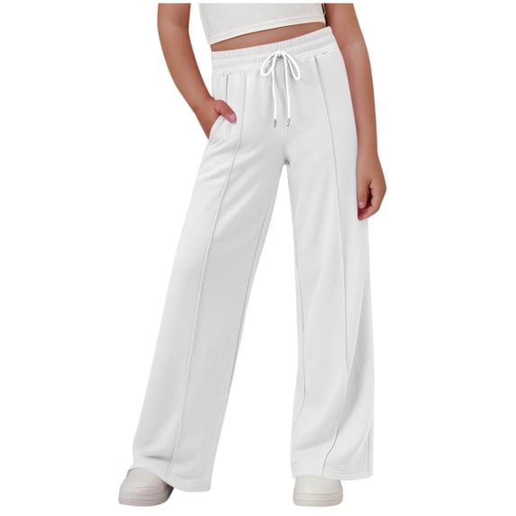 CYRBOKO Girls Sweatpants, Elastic Waist Drawstring Loose Fit Casual Straight-leg Pants White Size 12-13 T