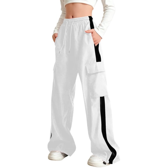 CYRBOKO Girls Sweatpants, Elastic Waist Drawstring Spring Loose Cargo Pants White Size 15-16 T