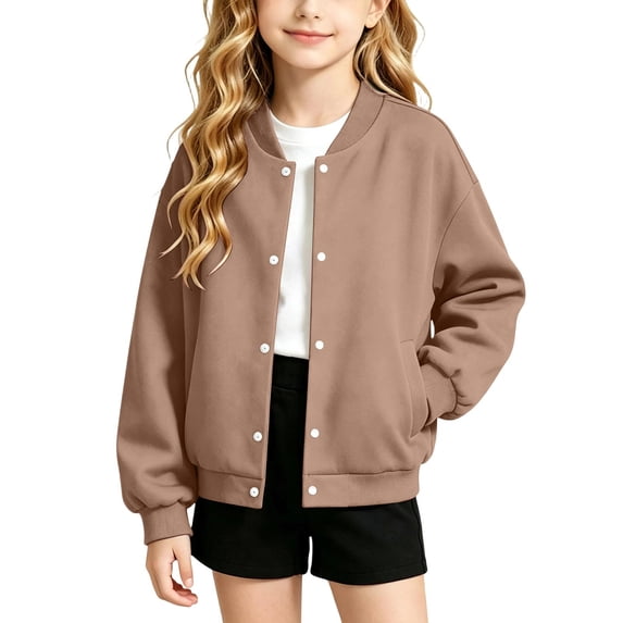 CYRBOKO Girls Sweatshirts, Long Sleeve Lightweight Fleece Lined Button Front Bomber Jackets Brown Size 8-9 T