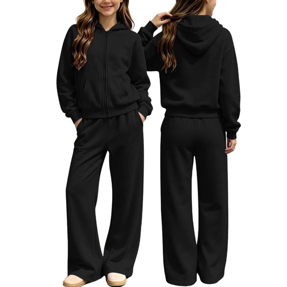 CYRBOKO Girls Sweatsuits 2pcs Sets Size 8 T, Long Sleeve Full Zip Casual Lightweifht Fleece Lined Hoodie and Wide Leg Sweatants Black
