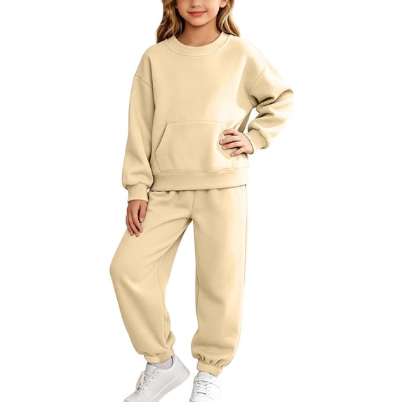 CYRBOKO Girls Sweatsuits 2pcs Sets Size 8 T, Thermal Casual Long Sleeve Elastic Waist Sweatshirt and Joggers Beige
