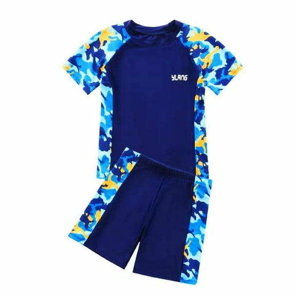 CYRBOKO Girls Swimsuit Set, Athletic Summer Printed Short Sleeve Swimsuit Set Navy Size 8-9 T