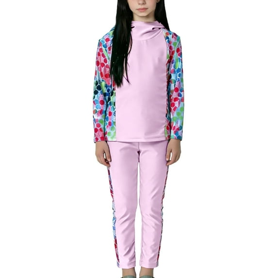 CYRBOKO Girls Swimsuits with Hood, Quick-dry Floral Print Two Pieces Long Sleeve Rash Guards for Swim Pink Size 7-8 T