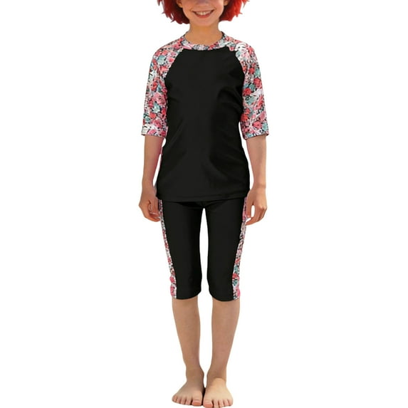 CYRBOKO Girls Swimsuits with Swimcap, Three-piece Floral Print Quick-dry Long Sleeve Swimwear Rash Guards Black Size 3-4 T