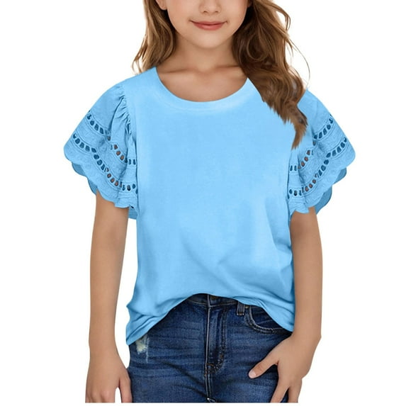 CYRBOKO Girls T Shirts, Comfy Breathable Casual Cut-out sleeves Summer Tops Sky Blue Size 14-15 T