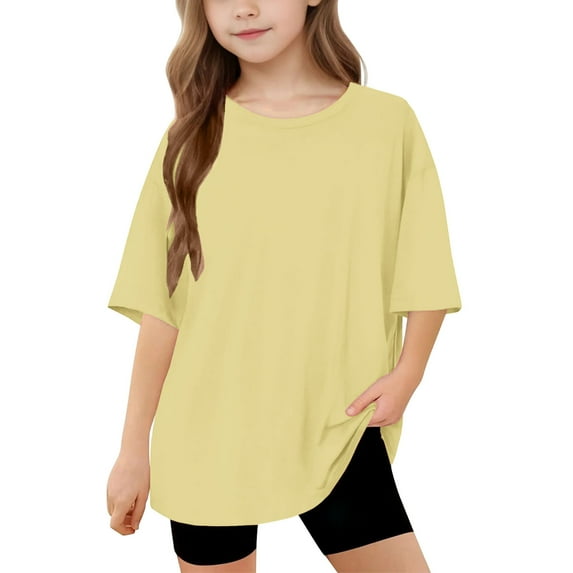 CYRBOKO Girls T-shirts, Summer Athletic Loose Solid Color Short Sleeve Tops Yellow Size 5-6T
