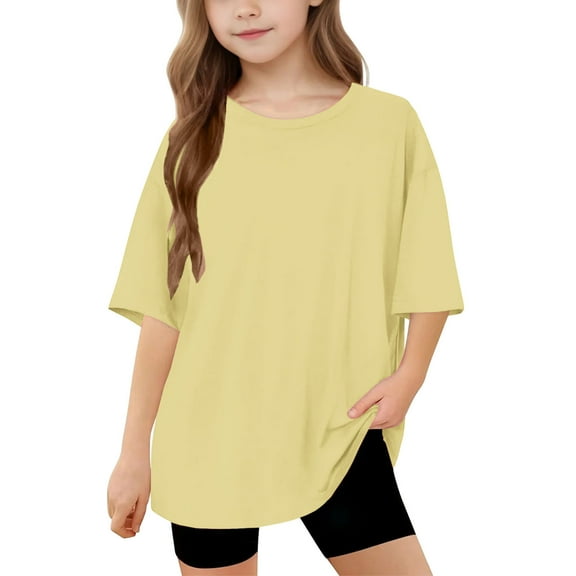 CYRBOKO Girls T-shirts, Summer Loose Athletic Solid Color Short Sleeve Tops Yellow Size 14-16T