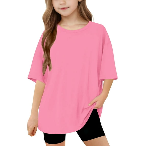 CYRBOKO Girls T-shirts, Summer Solid Color Athletic Loose Short Sleeve Tops Hot Pink Size 8-9T