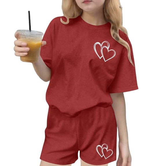 CYRBOKO Girls T-shirts and Shorts Sets, Elastic Waist Summer Casual Short Sleeve Girls Clothing Sets Red Size 3-4 T