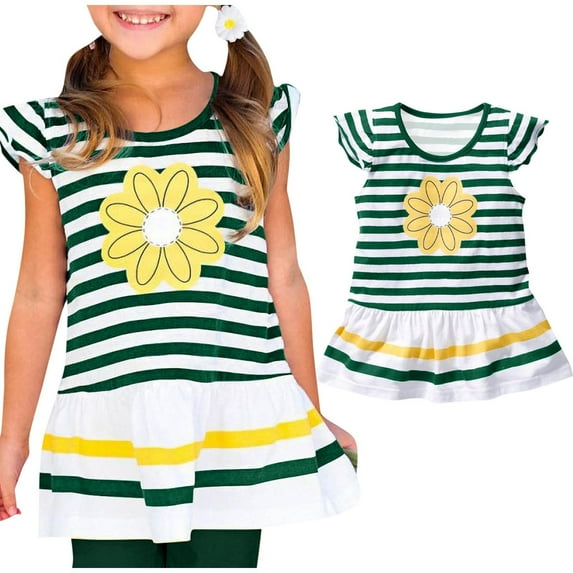 CYRBOKO Girls T-shirts with Flutter Sleeve, Casual Crew Neck Striped Short Sleeve Summer Tank Tops Green Size 3-4 T