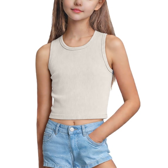 CYRBOKO Girls Tank Tops, Casual Stretchy Summer Knitting Cotton Basic Undershirts Beige Size 13-14 T