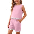 thumbnail image 1 of CYRBOKO Girls Tank Tops and Shorts Two-piece Sets, Elastic Waist Sleeveless Two-piece Casual Girls's Outfit Sets Pink Size 8-9 T, 1 of 8