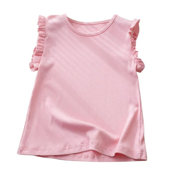 CYRBOKO Girls Tank Tops with Flutter Sleeve, Cotton Sleeveless Crewneck Casual Summer Undershirts Pink Size 10-12 T