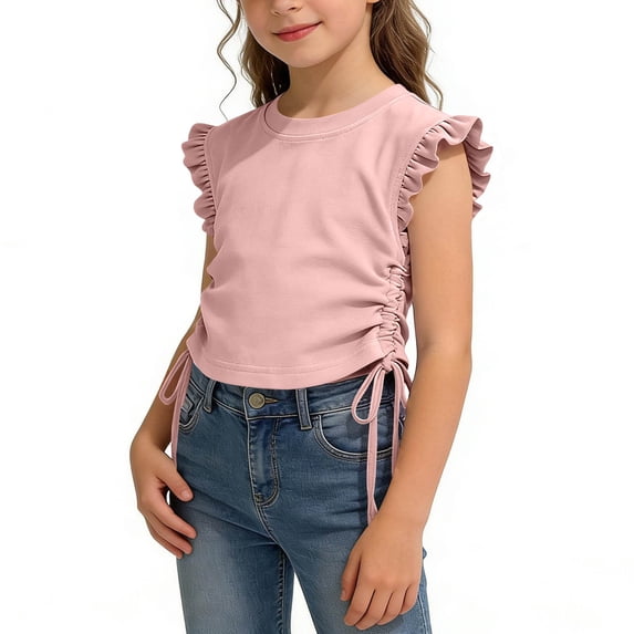 CYRBOKO Girls Tank Tops with Flutter Sleeve, Side Drawstring Casual Pullover Crew Neck Summer T-Shirts Pink Size 7-8 T