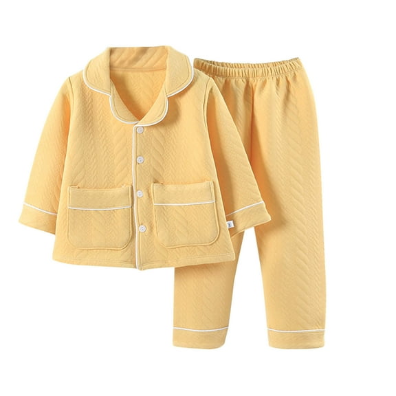 CYRBOKO Girls Thermal Pajama Sets, Cotton Long Sleeve Crewneck Elastic Waist Sleepwear Sets Yellow Size 1-18 T