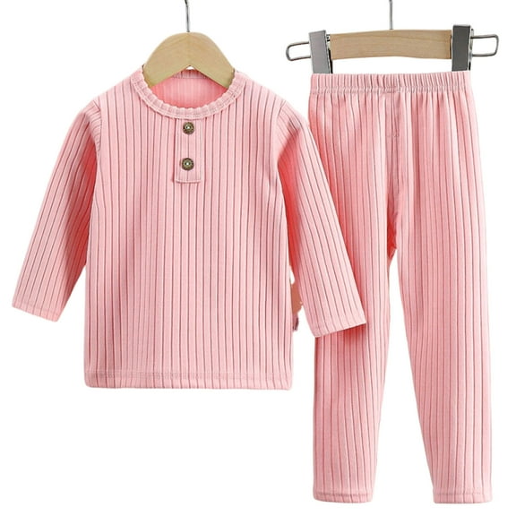 CYRBOKO Girls Thermal Pajama Sets, Long Sleeve Ribbed Winter Elastic Waist Loungewear Sets Pink Size 10 T