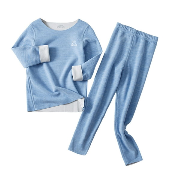 CYRBOKO Girls Thermal Sets, Cotton Long Sleeve Elastic Waist Crewneck Kids Underwear Sets Light Blue Size 7-8 T