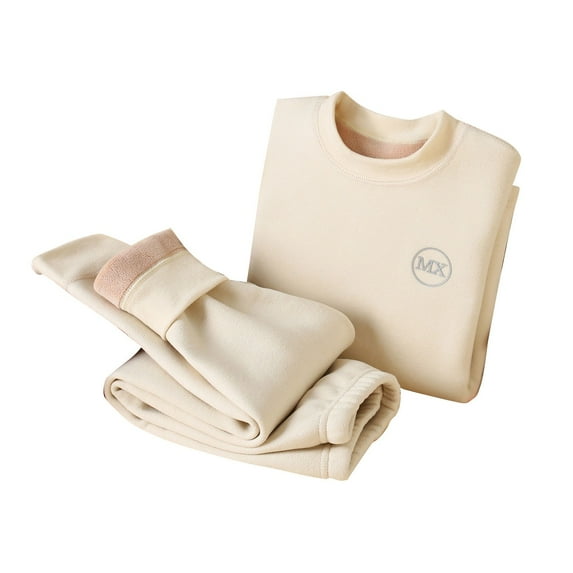 CYRBOKO Girls Thermal Sets, Crew Neck Winter Elastic Waist Long Sleeve Sleepwear Sets Khaki Size 14-16 T