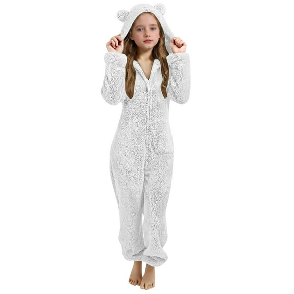 CYRBOKO Girls Winter Fleece Onesie Pajamas, Hooded Comfortable Thermal Long Sleeve Sleepwear with Zipper&Pockets White Size 11-12 T