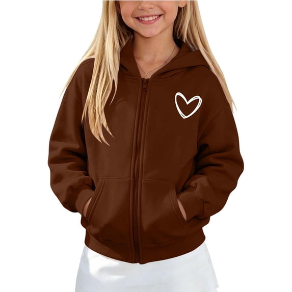 CYRBOKO Girls Zip Up Hoodies, Fall Winter Casual Long Sleeve Lightweight Fleece-lined Sweatshirt Jacket with Pockets Brown Size 13-14 T