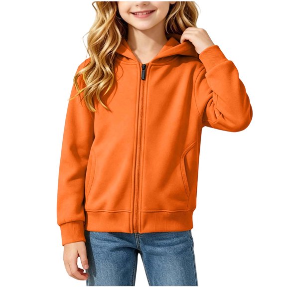 CYRBOKO Girls Zip Up Hoodies Size 7-8, Long Sleeve Lightweight Casual Fall Sweatshirt Jacket with Pockets Orange