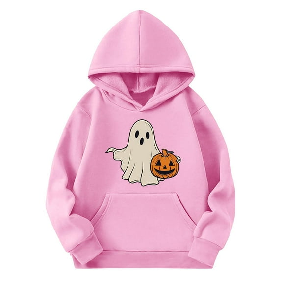 CYRBOKO Halloween Hooded Sweatshirts for Boys, Casual Lightwewight Loose Fit Long Sleeve Tops with Pocket Pink Size 5-6 T