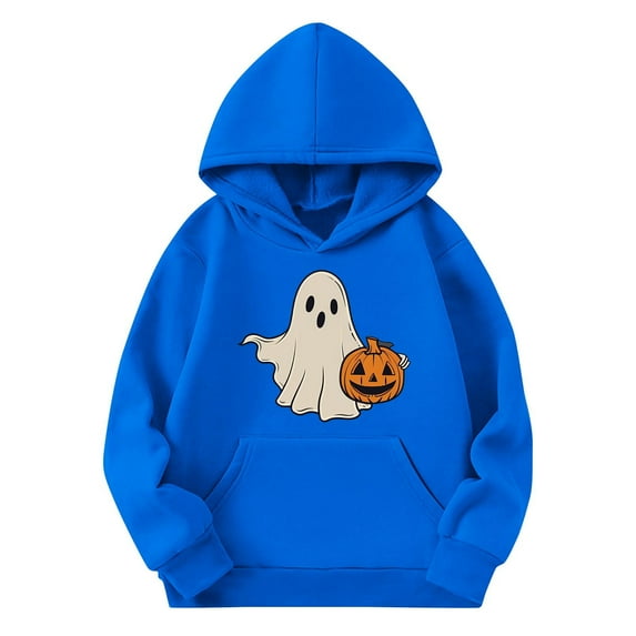 CYRBOKO Halloween Hooded Sweatshirts for Boys, Loose Fit Lightwewight Long Sleeve Casual Tops with Pocket Blue Size 7-8 T
