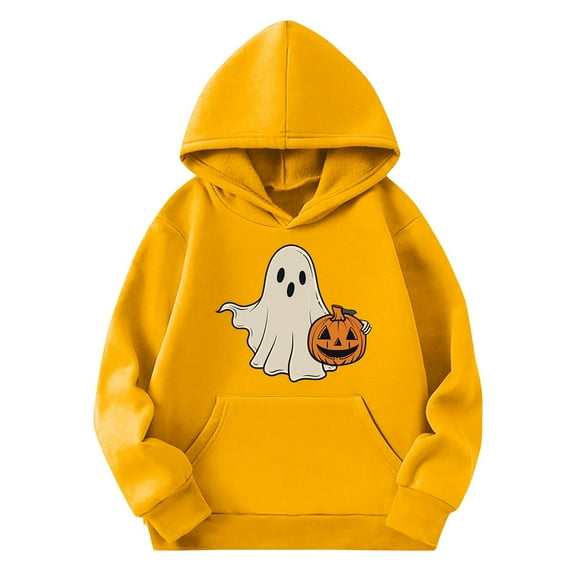 CYRBOKO Halloween Hooded Sweatshirts for Boys, Loose Fit Long Sleeve Lightwewight Casual Tops with Pocket Yellow Size 13-14 T